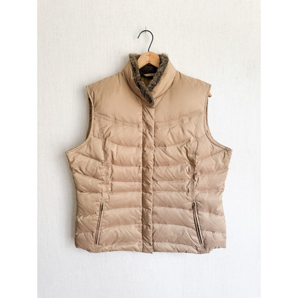 Eddie Bauer Down Puffer Vest Faux Fur Trim XL Tan Quilted Outdoor Layering